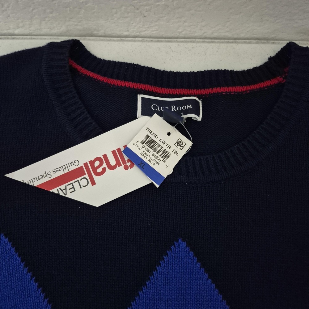 Club Room Sweater Mens‎ XL Navy Blue Red White Argyle Crewneck Pullover New Tags - Picture 6 of 9